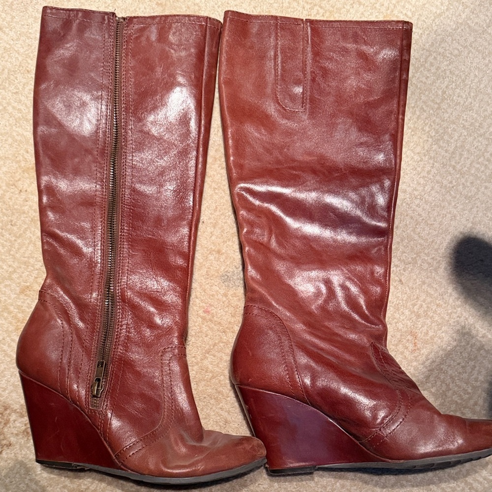Women's Tall Aldo Wedge Boots in Chestnut Leather